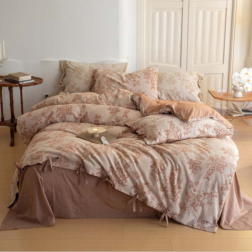 Bonnie Ribbon Bow Tie Floral Bedding Set - Brown