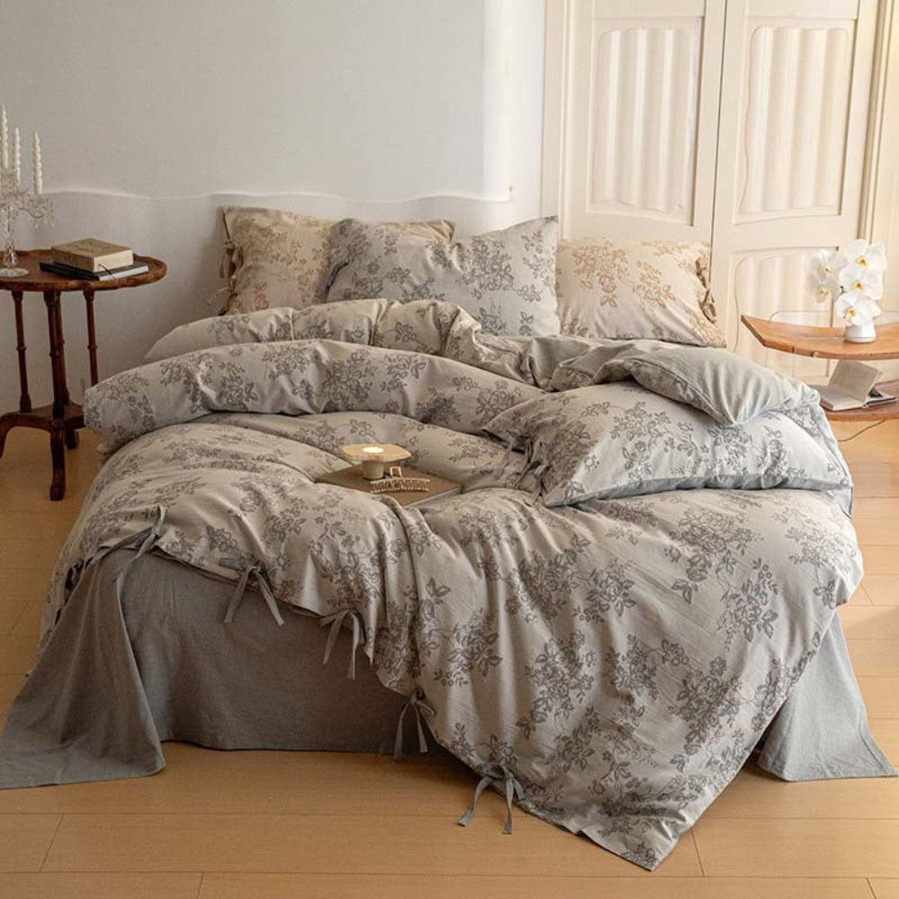 Bonnie Ribbon Bow Tie Floral Bedding Set - Light Gray