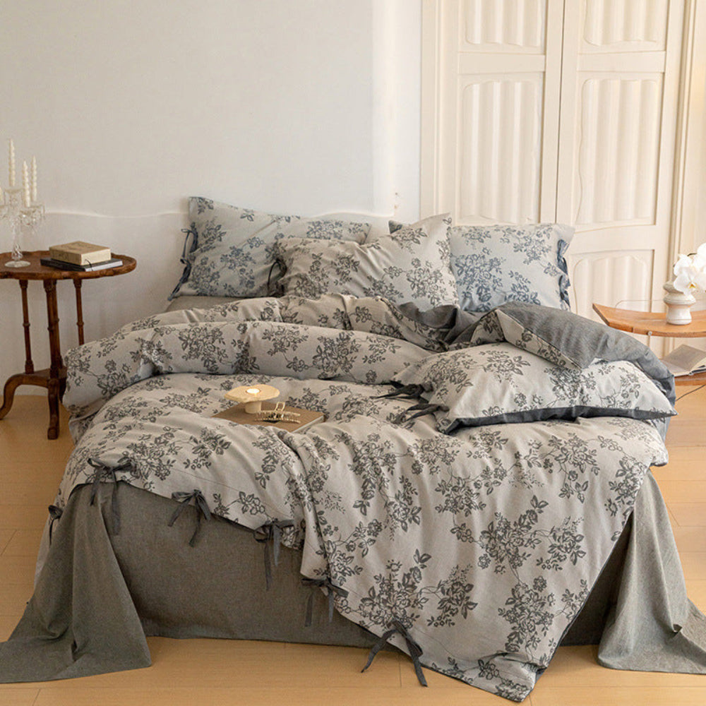 Bonnie Ribbon Bow Tie Floral Bedding Set - Dark Gray