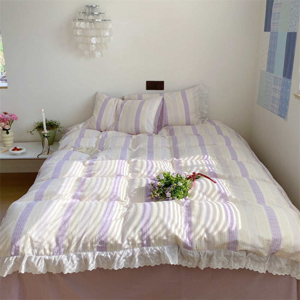 Cecilia Lace Ruffle Double Gauze Striped Bedding Set - Purple