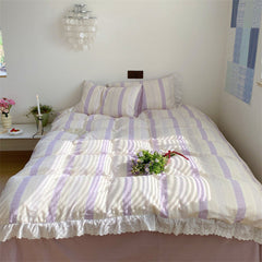 Cecilia Lace Ruffle Double Gauze Striped Bedding Set - Purple