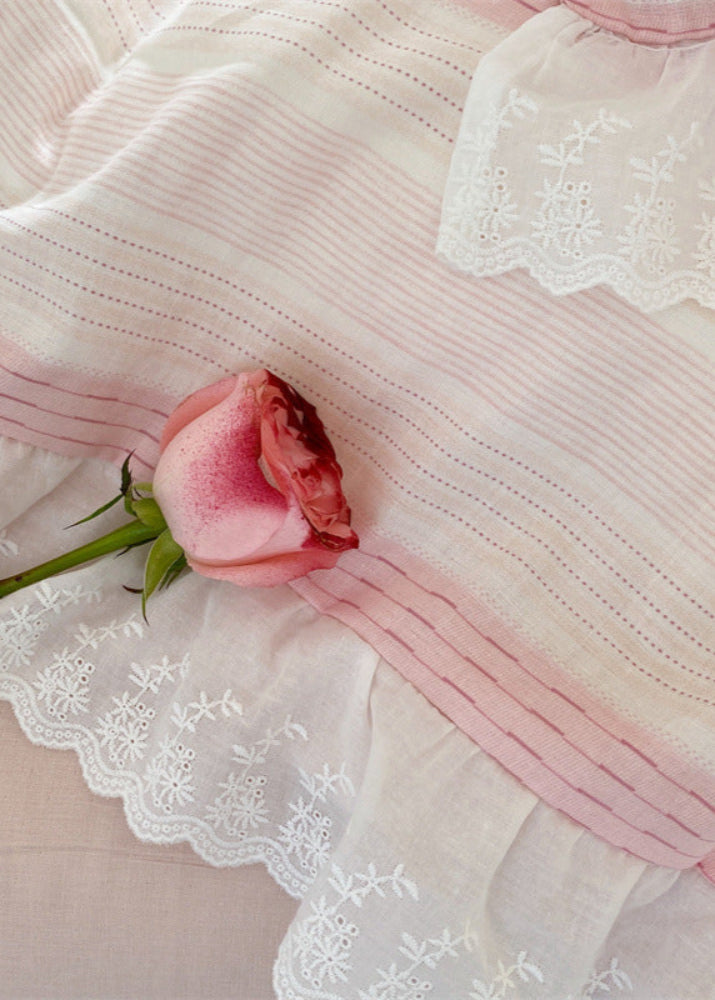 Cecilia Lace Ruffle Double Gauze Striped Bedding Set - Pink