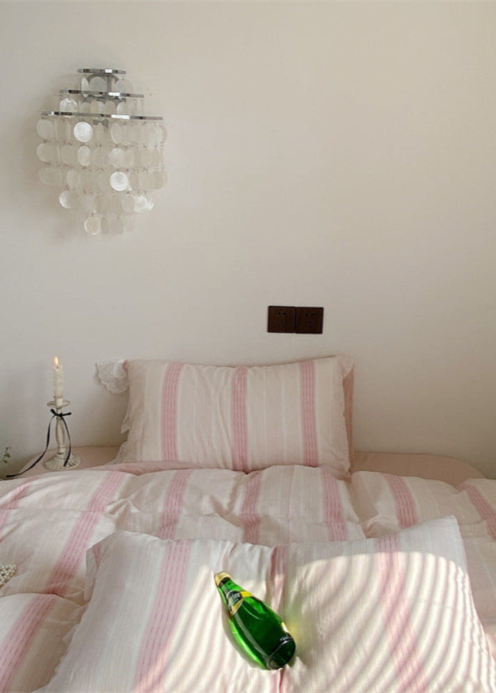 Cecilia Lace Ruffle Double Gauze Striped Bedding Set - Pink