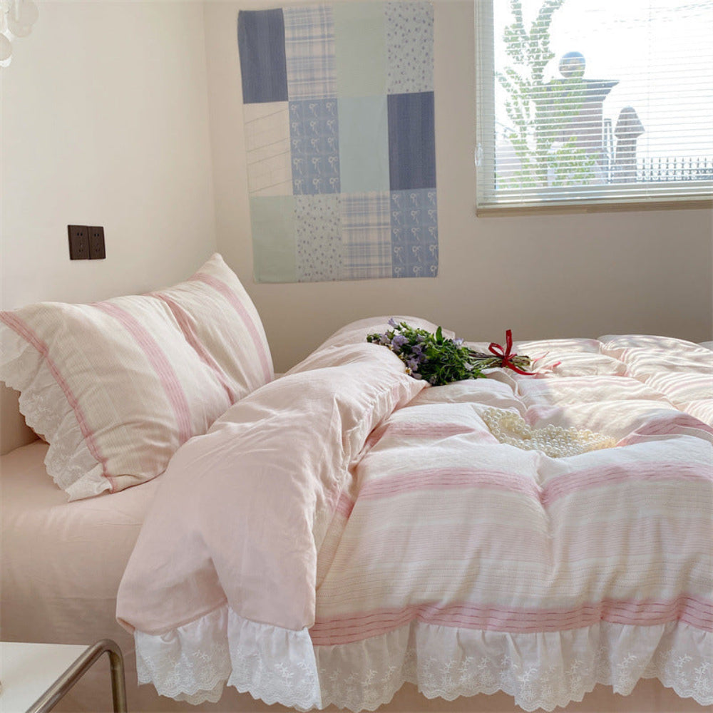 Cecilia Lace Ruffle Double Gauze Striped Bedding Set - Purple