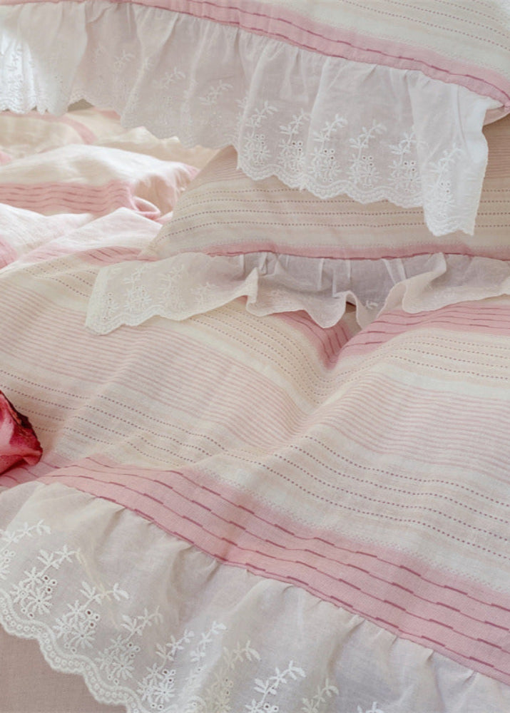 Cecilia Lace Ruffle Double Gauze Striped Bedding Set - Pink