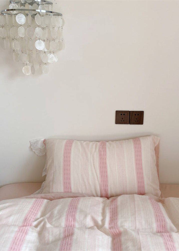 Cecilia Lace Ruffle Double Gauze Striped Bedding Set - Pink