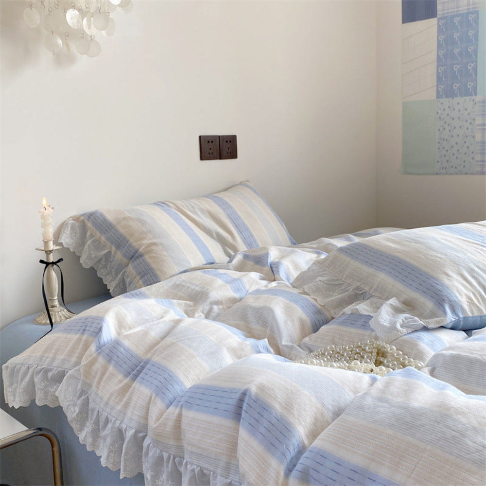 Cecilia Lace Ruffle Double Gauze Striped Bedding Set - Purple