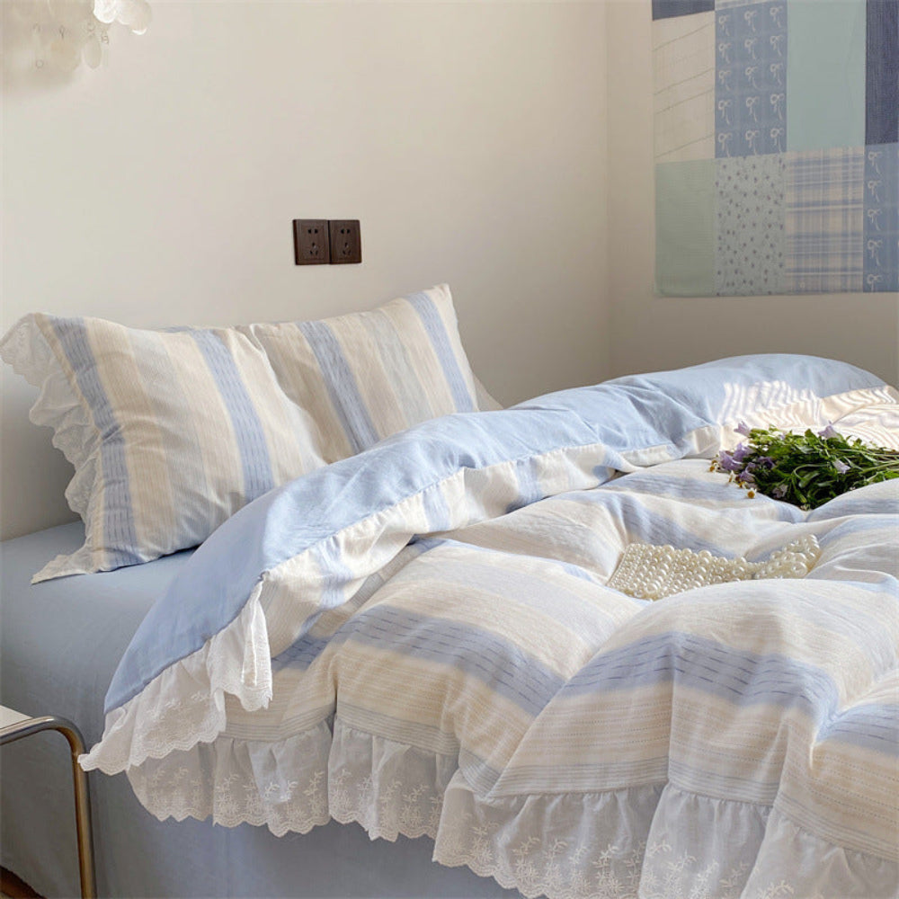 Cecilia Lace Ruffle Double Gauze Striped Bedding Set - Pink