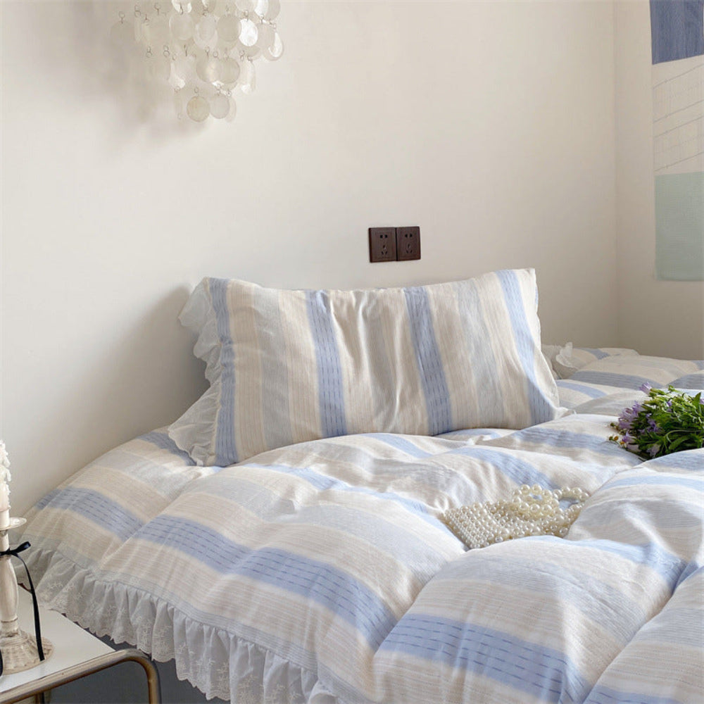 Cecilia Lace Ruffle Double Gauze Striped Bedding Set - Blue