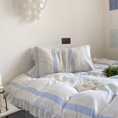 Cecilia Lace Ruffle Double Gauze Striped Bedding Set - Blue