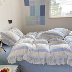 Cecilia Lace Ruffle Double Gauze Striped Bedding Set - Blue