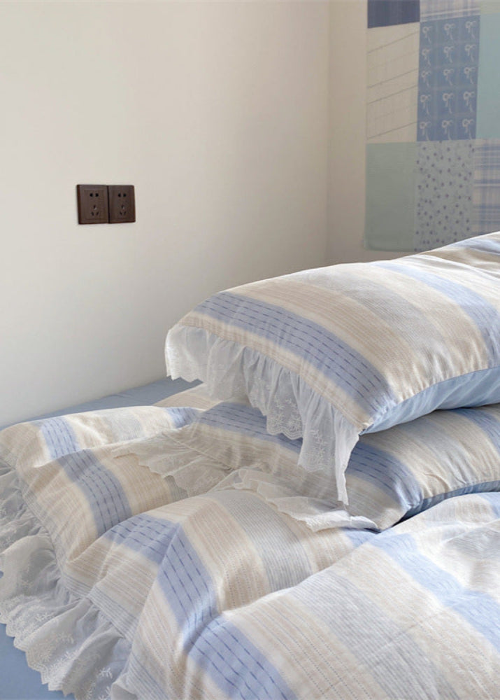 Cecilia Lace Ruffle Double Gauze Striped Bedding Set - Blue
