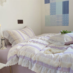 Cecilia Lace Ruffle Double Gauze Striped Bedding Set - Purple