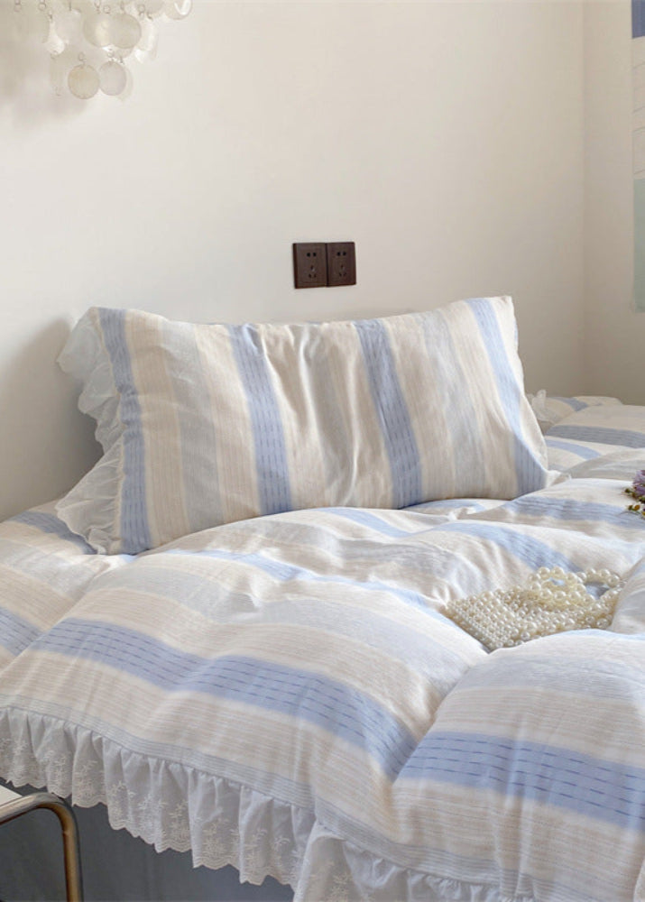 Cecilia Lace Ruffle Double Gauze Striped Bedding Set - Blue