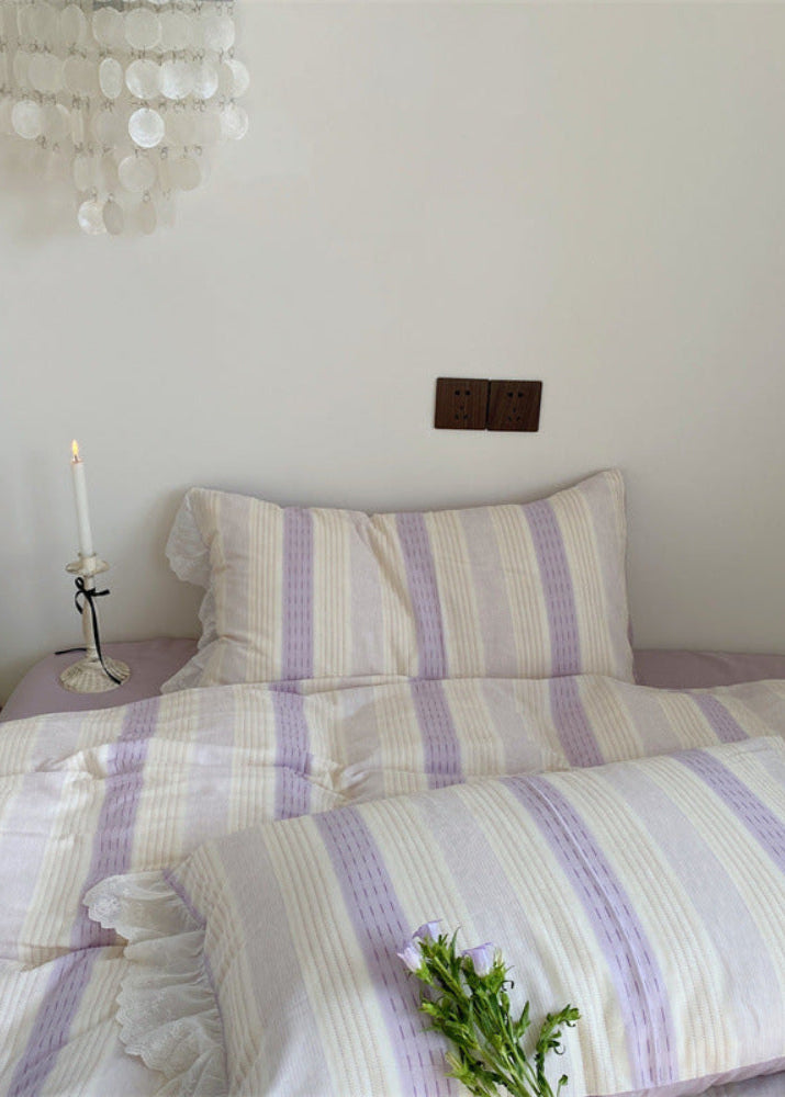 Cecilia Lace Ruffle Double Gauze Striped Bedding Set - Pink