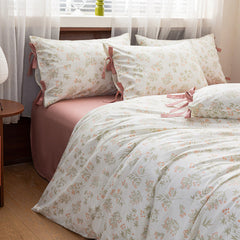 Celia Cottage Ribbon Bow Tie Floral Bedding Set - Rust Pink