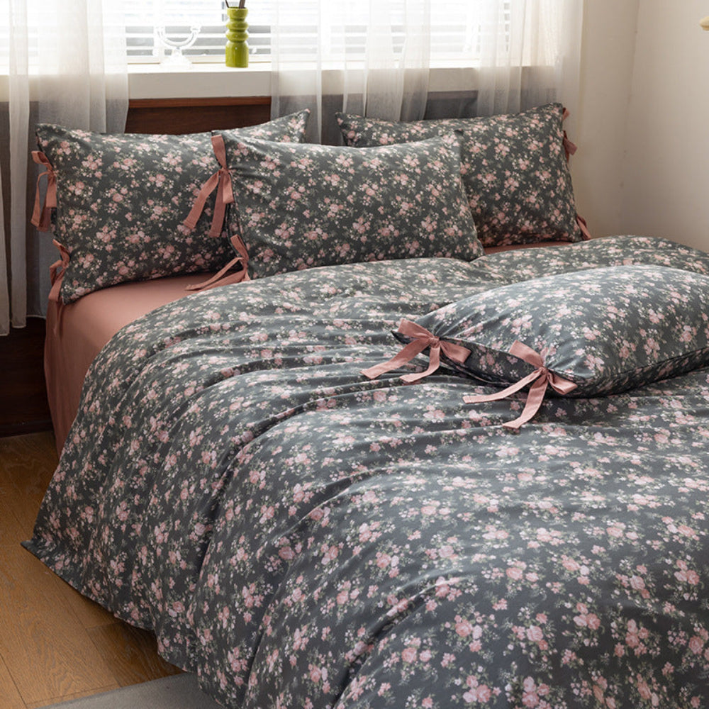 Celia Cottage Ribbon Bow Tie Floral Bedding Set - Pink