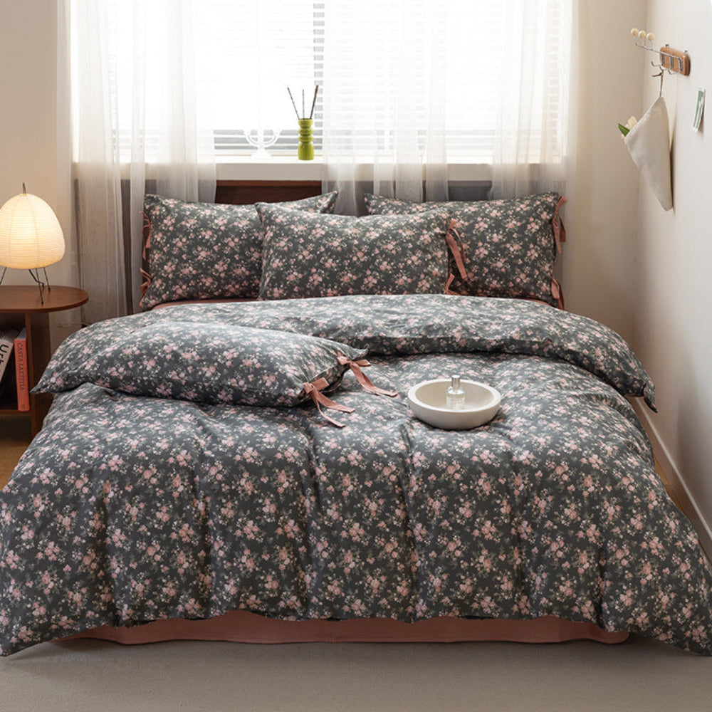 Celia Cottage Ribbon Bow Tie Floral Bedding Set - Pink