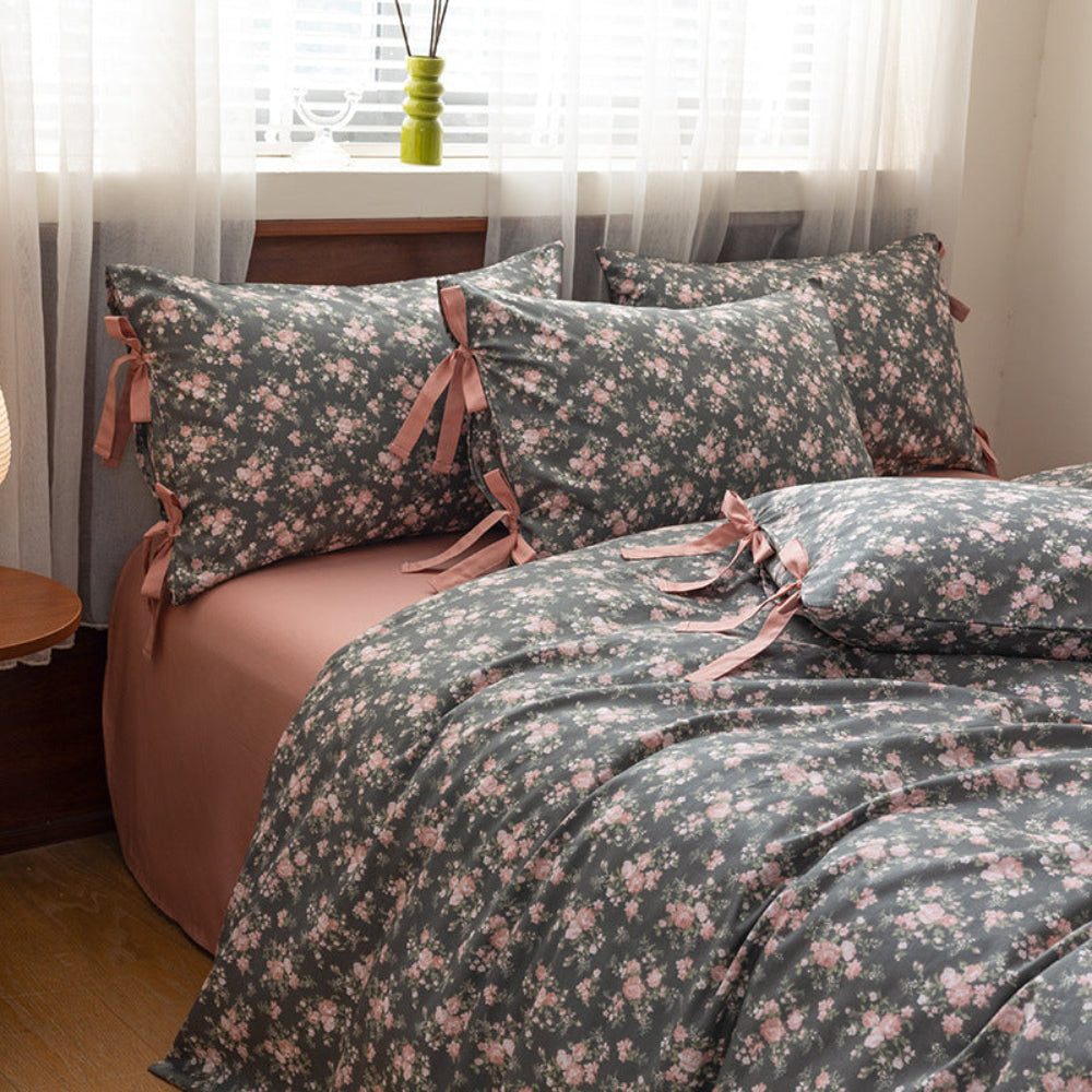 Celia Cottage Ribbon Bow Tie Floral Bedding Set - Pink