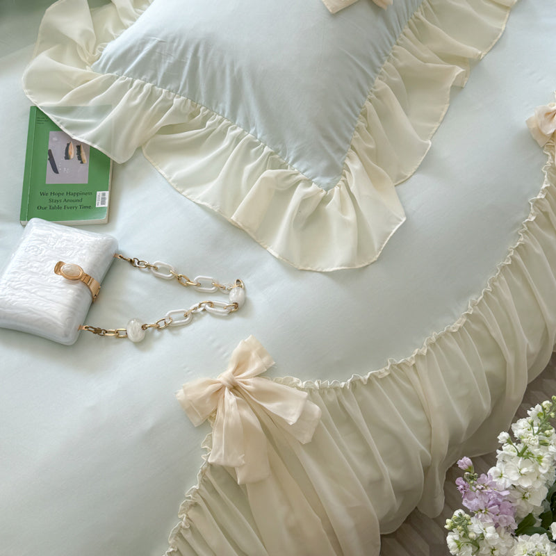 Ribbon Bow Airy Lace Bedding Set - Cream White