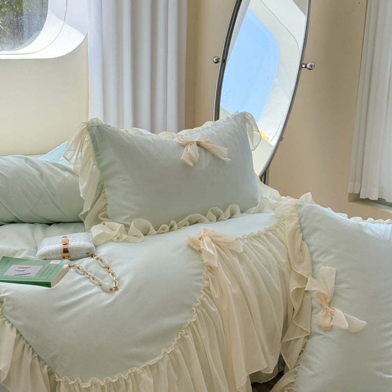 Ribbon Bow Airy Lace Bedding Set - Cream White