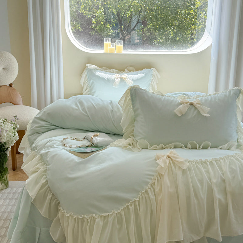 Ribbon Bow Airy Lace Bedding Set - Cream White