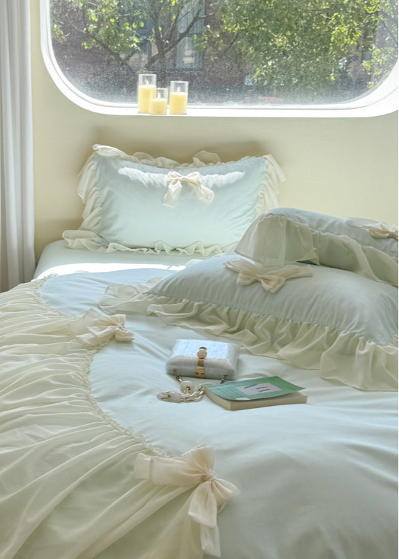 Ribbon Bow Airy Lace Bedding Set - Cream White
