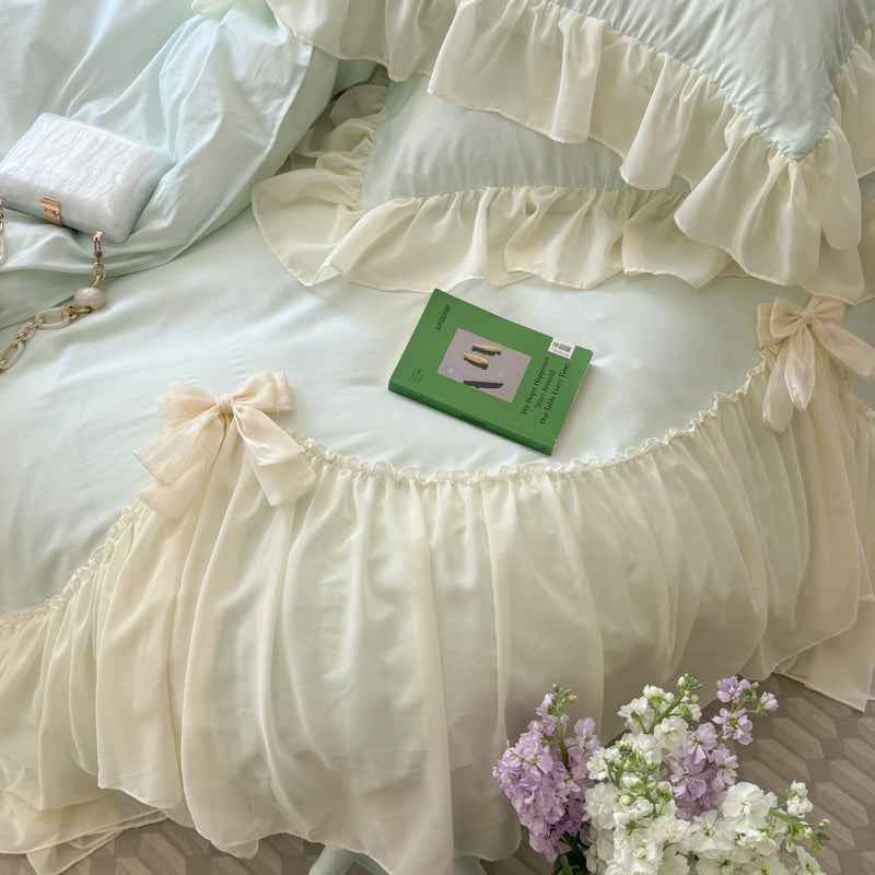 Ribbon Bow Airy Lace Bedding Set - Cream White