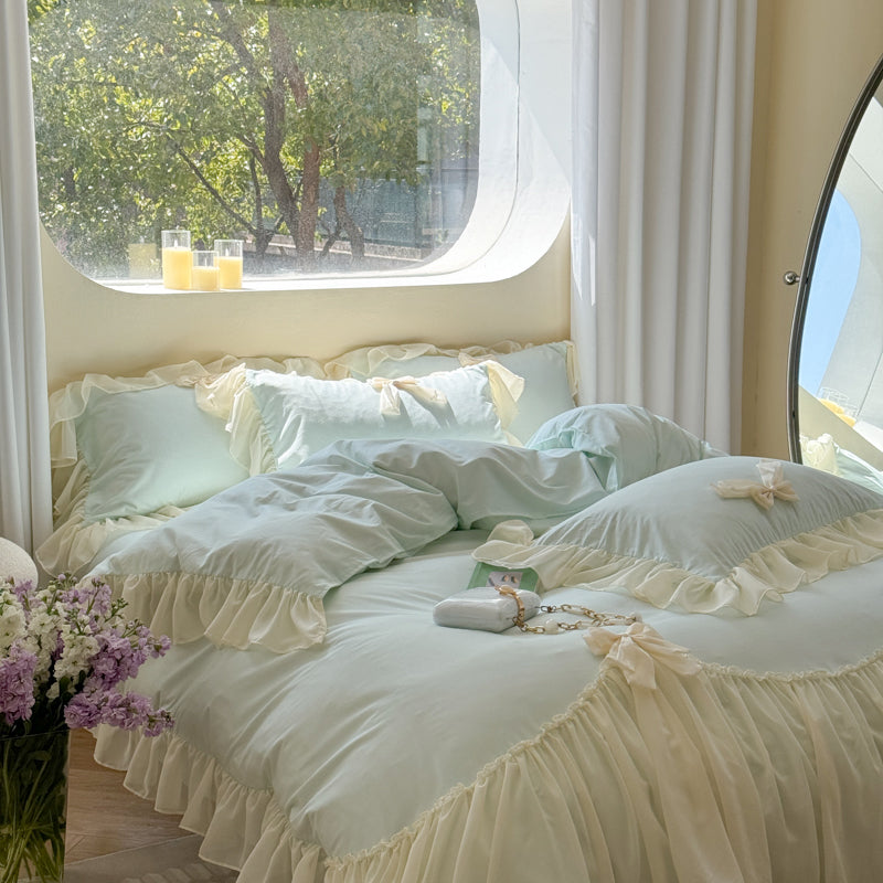 Ribbon Bow Airy Lace Bedding Set - Cream White