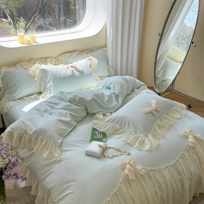 Ribbon Bow Airy Lace Bedding Set - Baby Pink