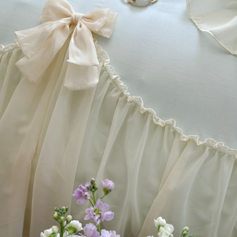 Ribbon Bow Airy Lace Bedding Set - Cream White