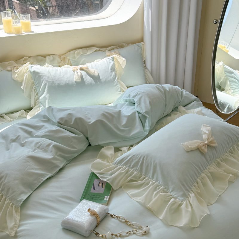 Ribbon Bow Airy Lace Bedding Set - Cream White