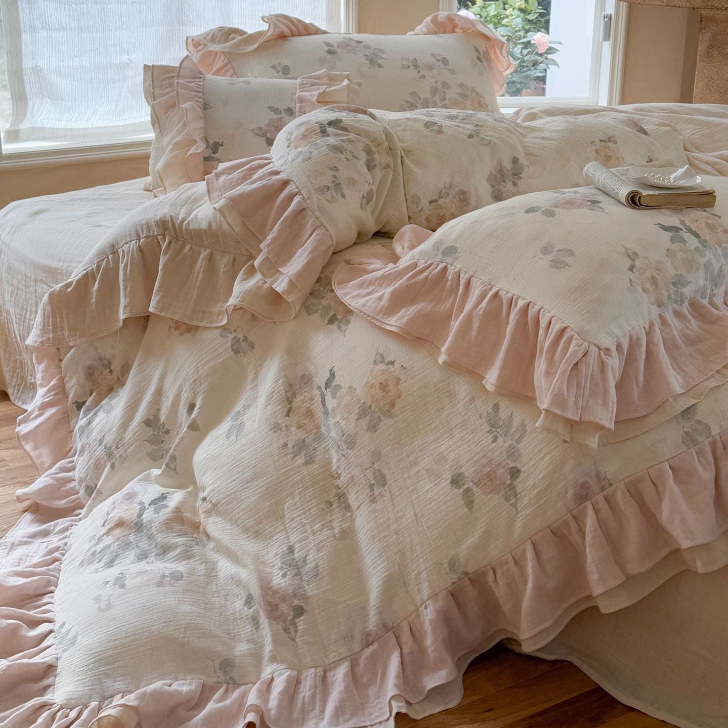 Millie Lace Ruffle Floral Bedding Set - Blue