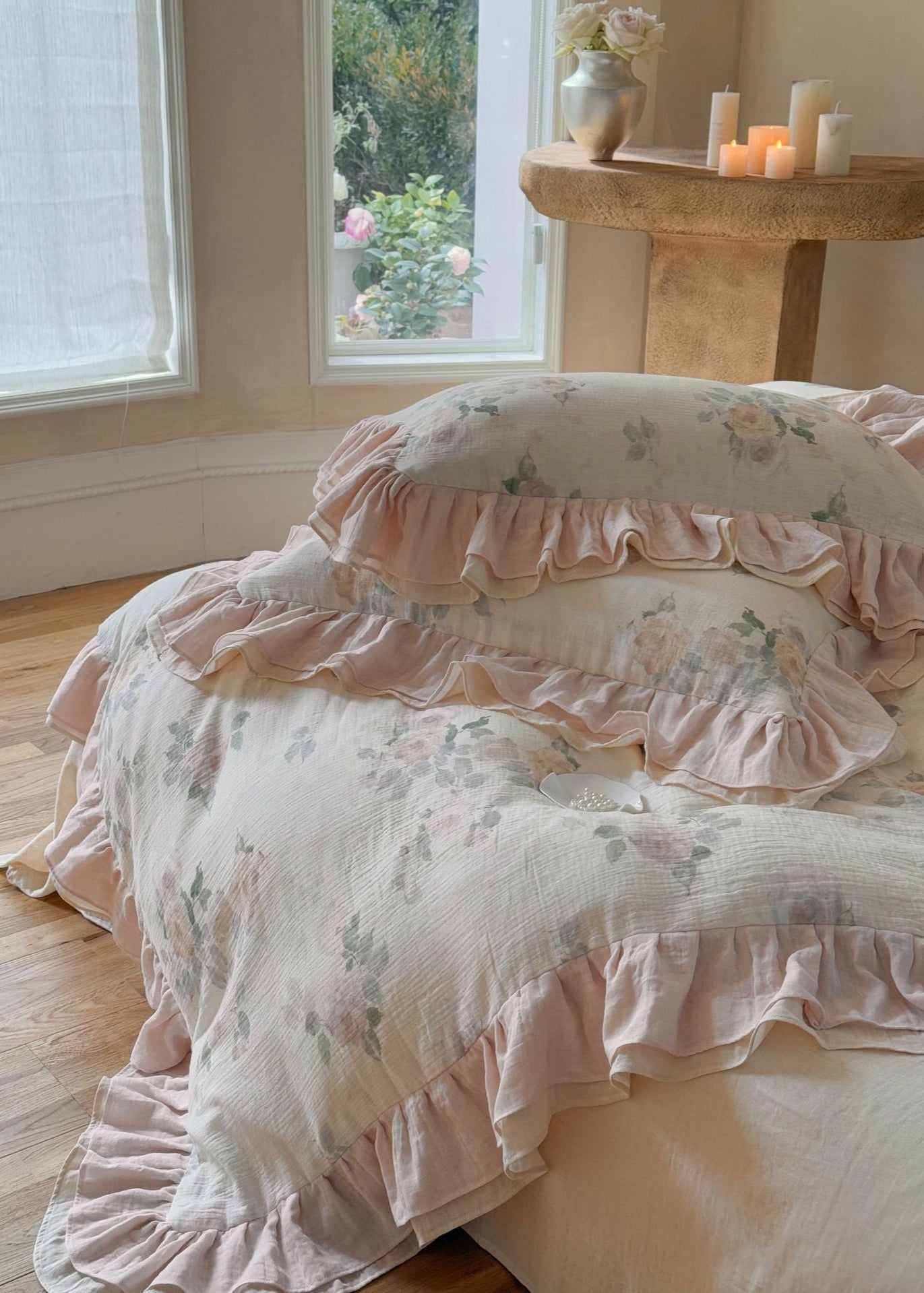 Millie Lace Ruffle Floral Bedding Set - Beige