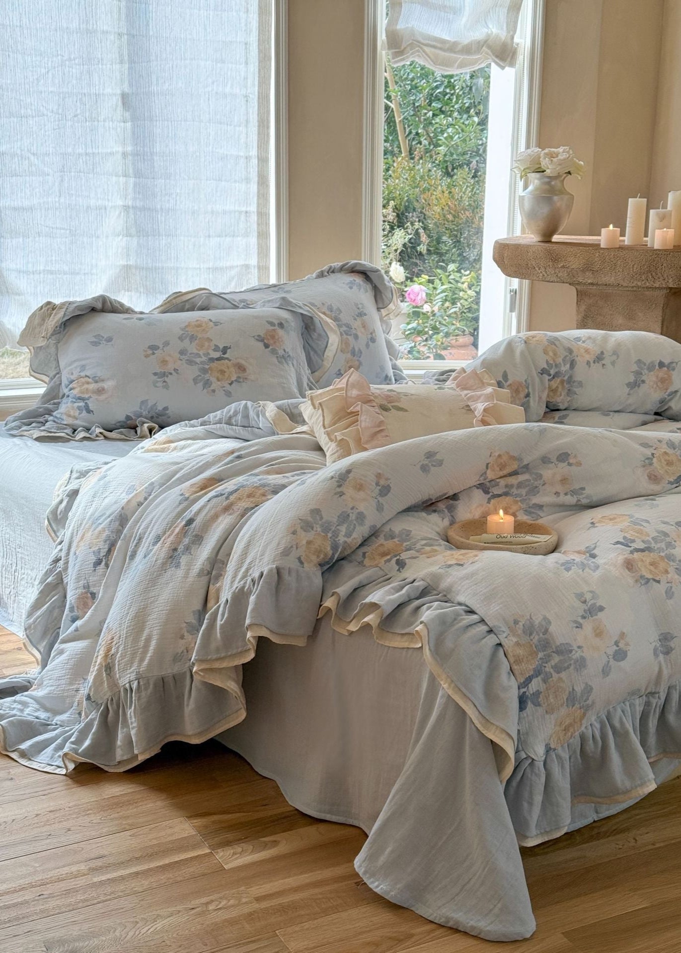 Millie Lace Ruffle Floral Bedding Set - Blue