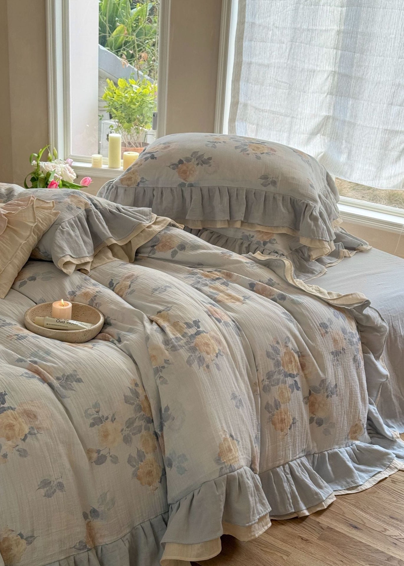 Millie Lace Ruffle Floral Bedding Set - Beige