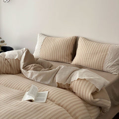 Florence Lace Double Gauze Striped Bedding Set - Beige Brown