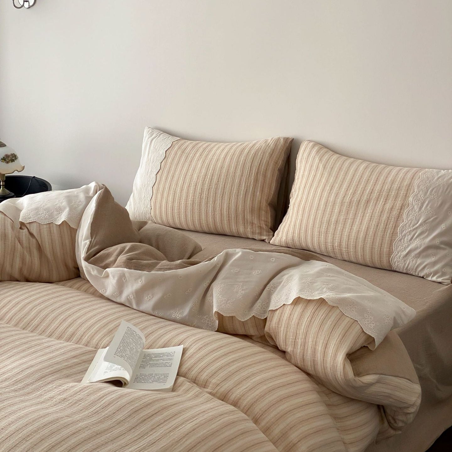 Florence Lace Double Gauze Striped Bedding Set - Brown