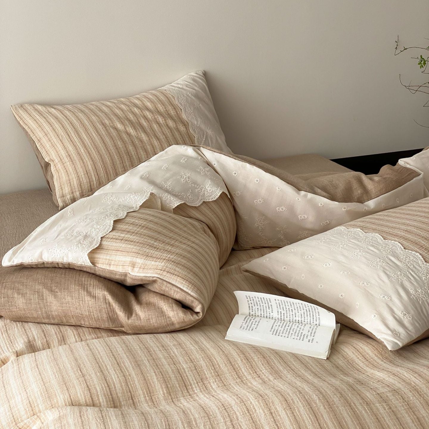 Florence Lace Double Gauze Striped Bedding Set - Beige Brown