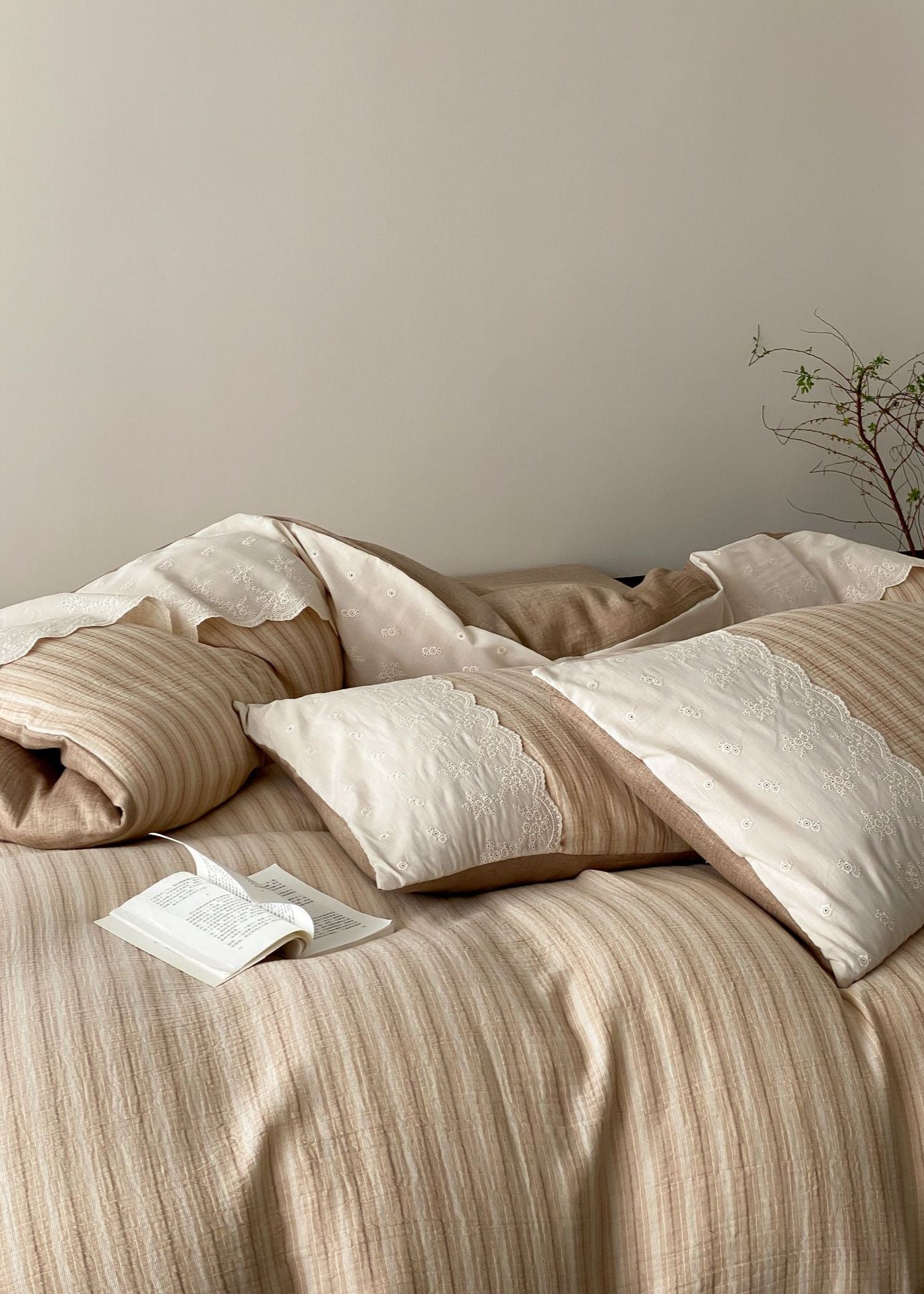 Florence Lace Double Gauze Striped Bedding Set - Brown