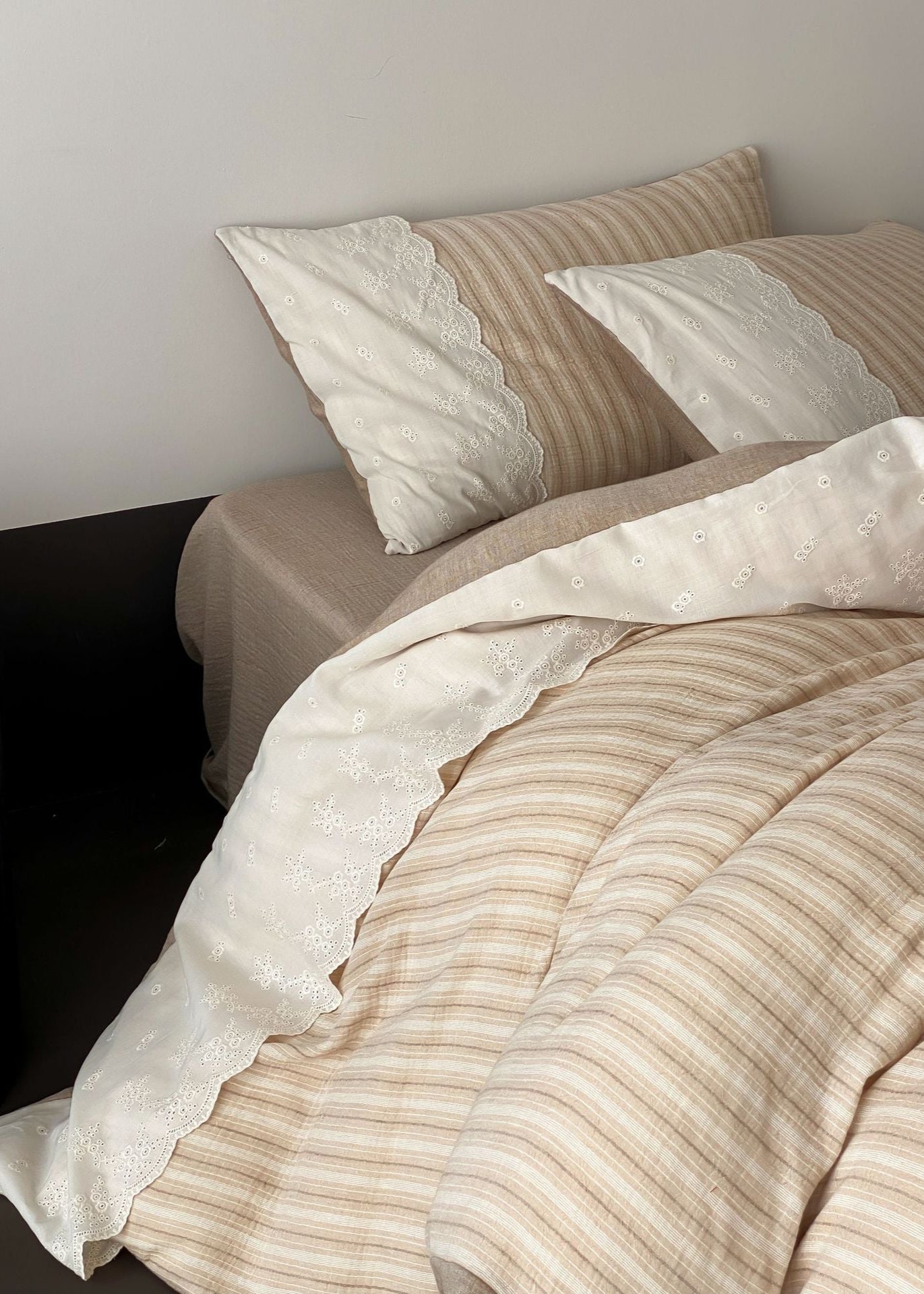 Florence Lace Double Gauze Striped Bedding Set - Brown