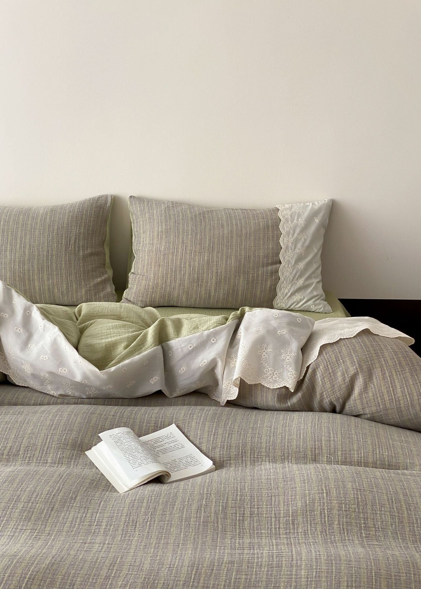 Florence Lace Double Gauze Striped Bedding Set - Brown