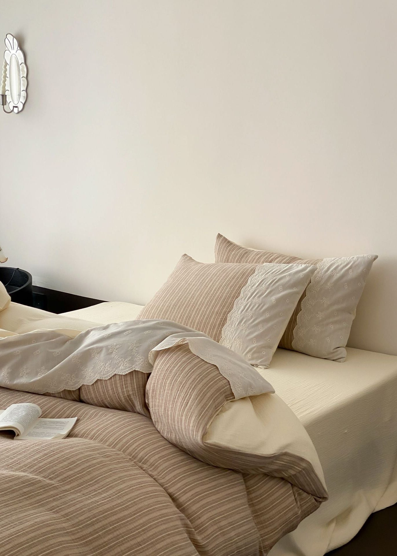 Florence Lace Double Gauze Striped Bedding Set - Brown