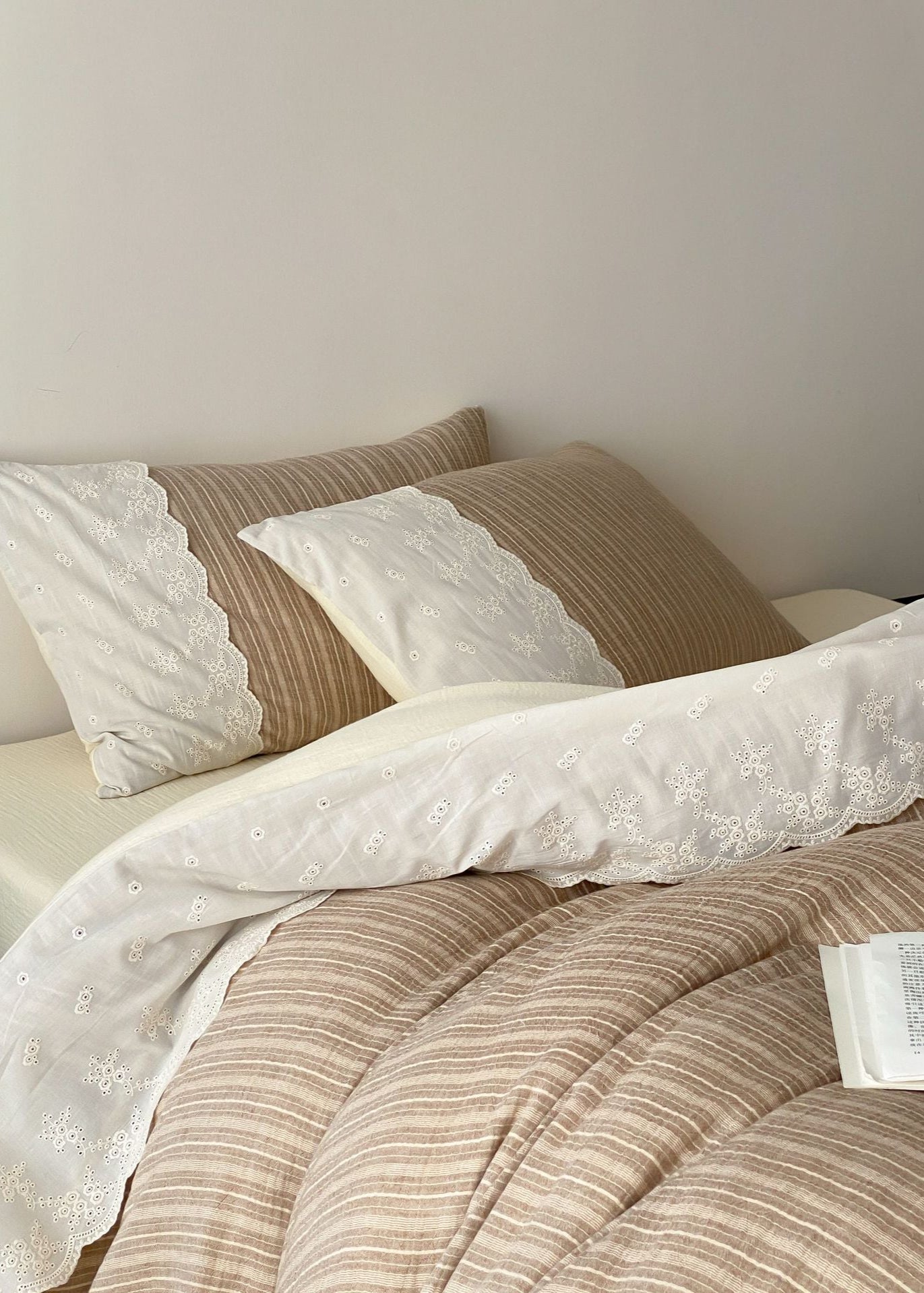 Florence Lace Double Gauze Striped Bedding Set - Beige Brown