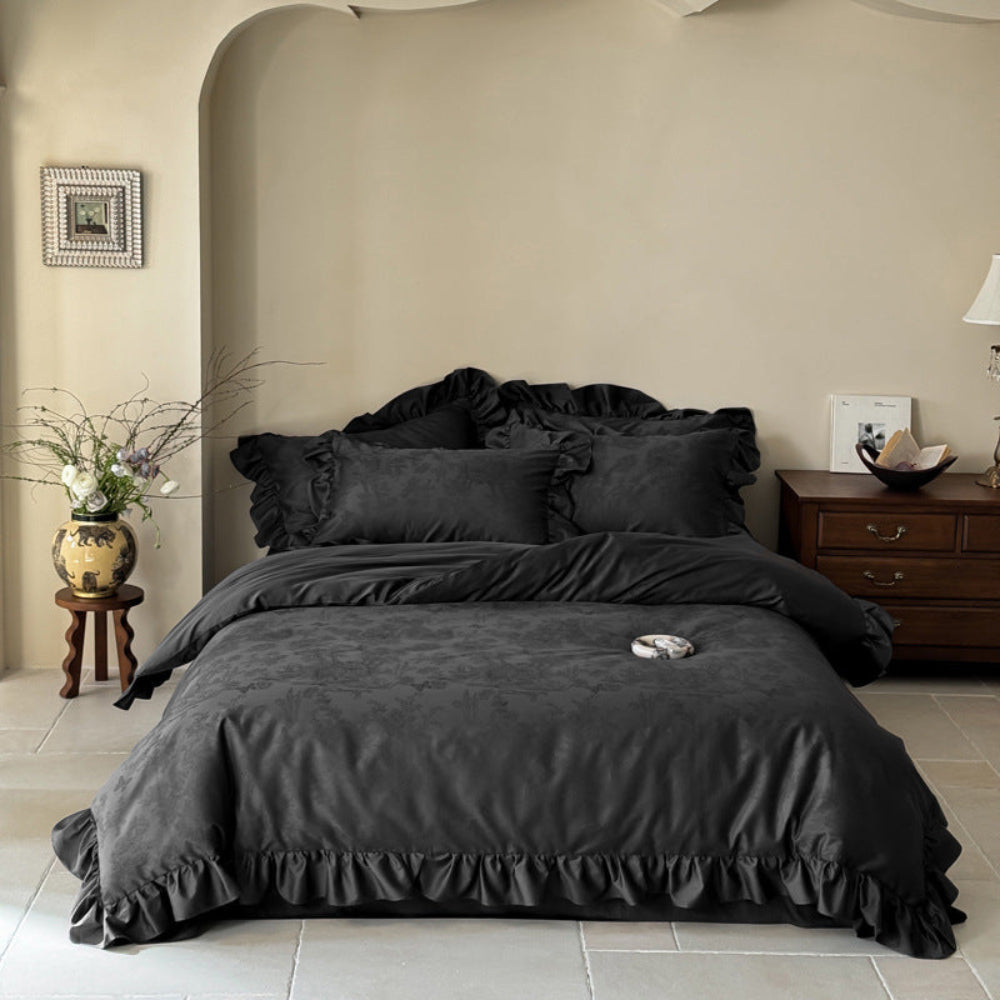 Elise French Lace Jacquard Satin Bedding Set - Beige