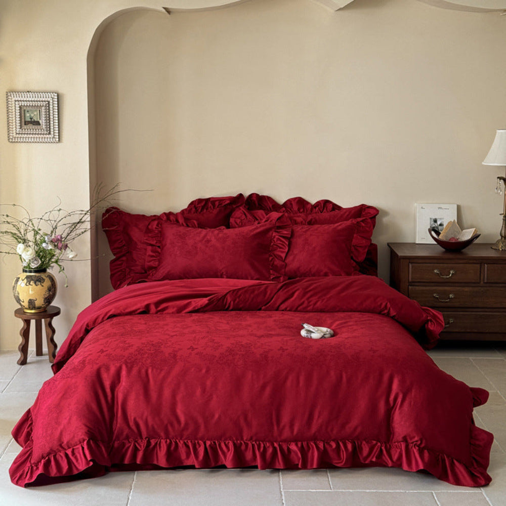 Elise French Lace Jacquard Satin Bedding Set - Beige
