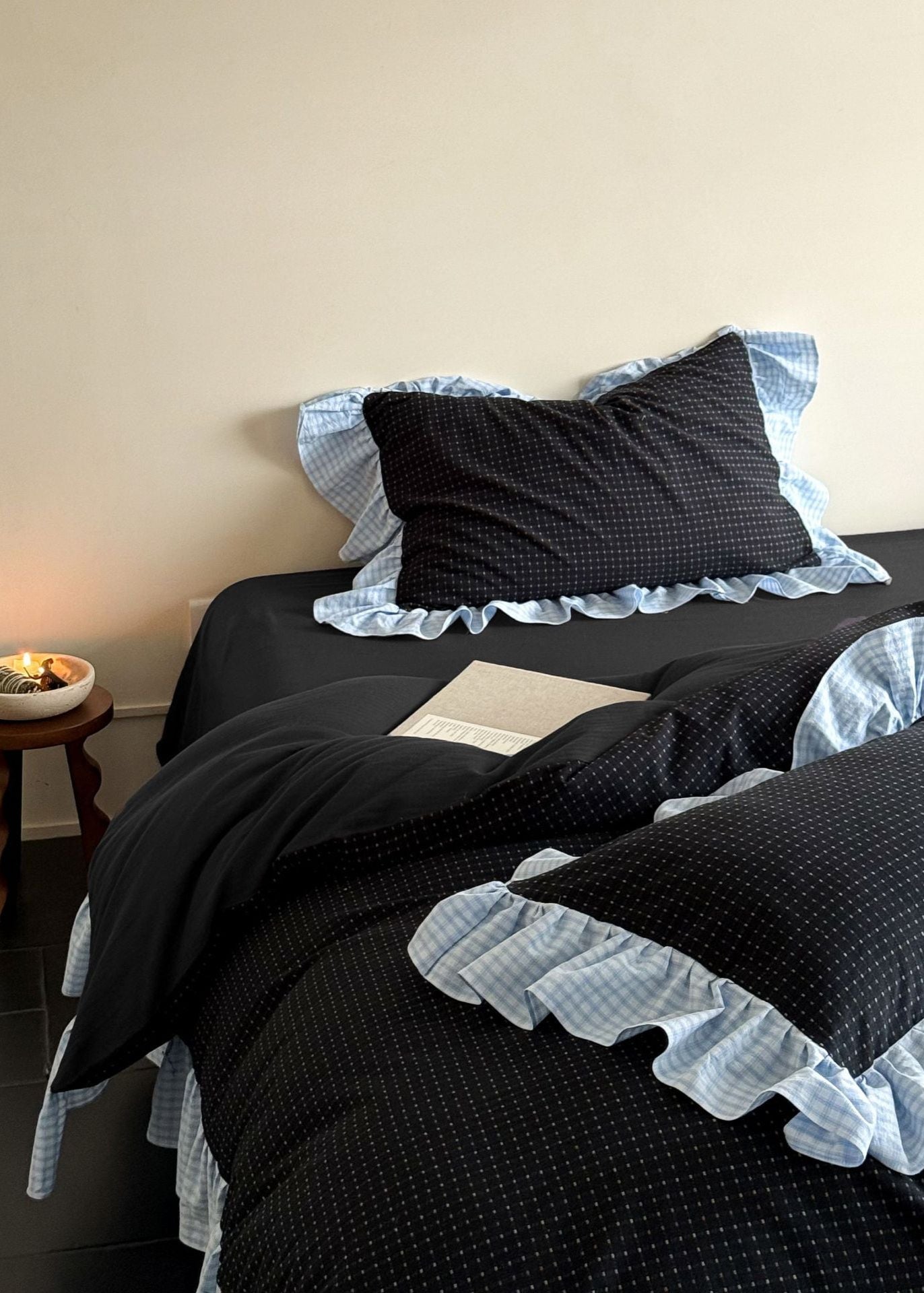 Sadie Gingham Lace Ruffle Bedding Set - Black