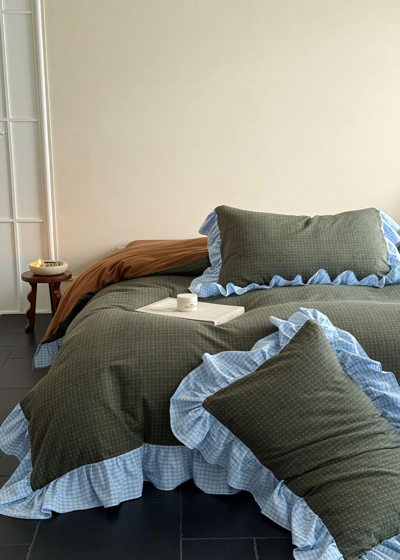 Sadie Gingham Lace Ruffle Bedding Set - Green
