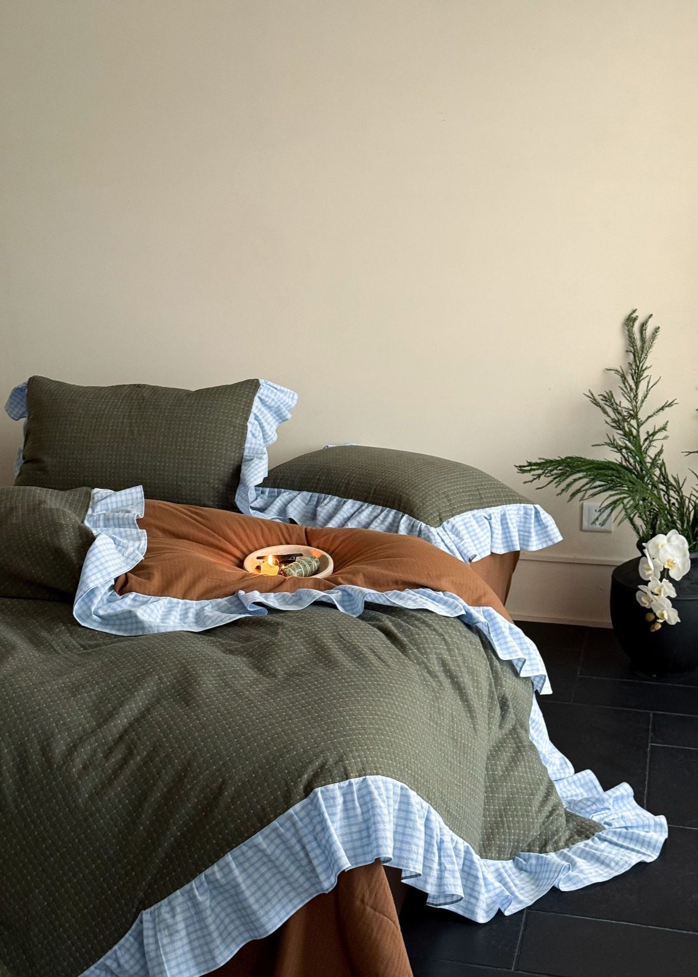 Sadie Gingham Lace Ruffle Bedding Set - Green
