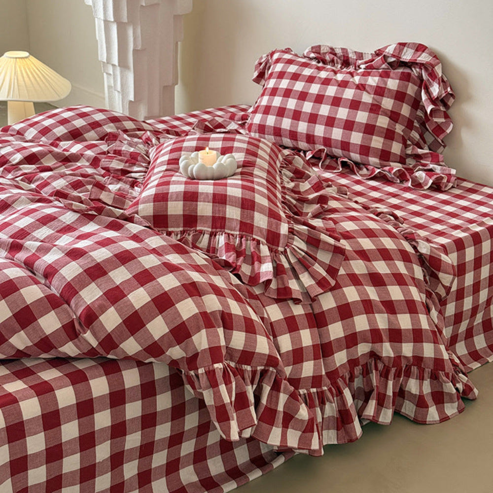 Hattie Gingham Ruffle Bedding Set - Red